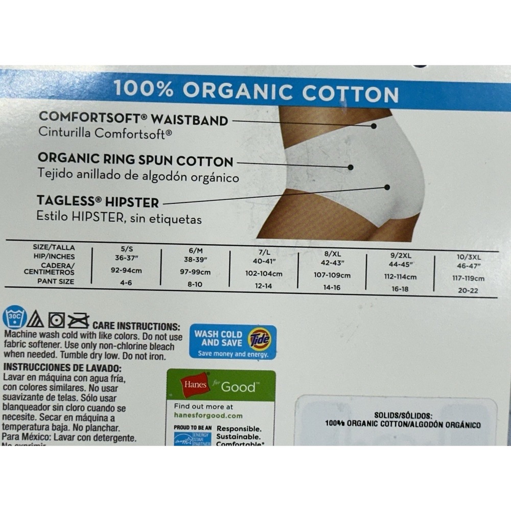 Hanes 6 Pk Pure Comfort Hipsters Underwear 5 Organic Cotton Tagless New Damage - Picture 6 of 7